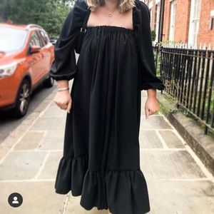 Navy silk linen midi ruffle dress
